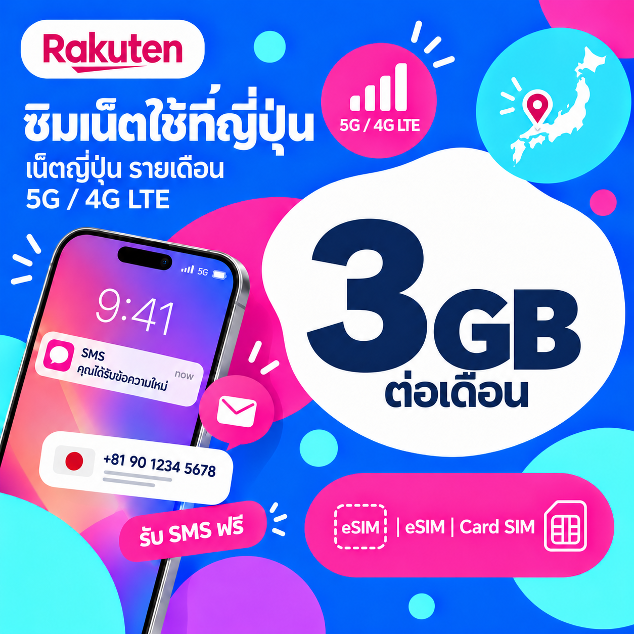 Rakuten net sim 5G/4G LTE + sms (number jp)